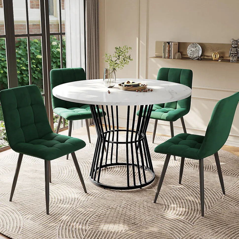 Ensemble Table et Chaises - Table Ronde MDF avec Pieds Métal Noir, 4 Chaises Velours, 100x75 cm, Blanc & Vert