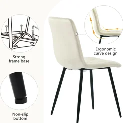 Ensemble Table et Chaises - Table Rectangulaire MDF avec 4 Chaises Velours à Motif Twill, Pieds Métal Noir, Blanc/Beige
