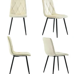 Ensemble Table et Chaises - Table Rectangulaire MDF avec 4 Chaises Velours à Motif Twill, Pieds Métal Noir, Blanc/Beige
