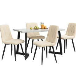 Ensemble Table et Chaises - Table Rectangulaire MDF avec 4 Chaises Velours à Motif Twill, Pieds Métal Noir, Blanc/Beige