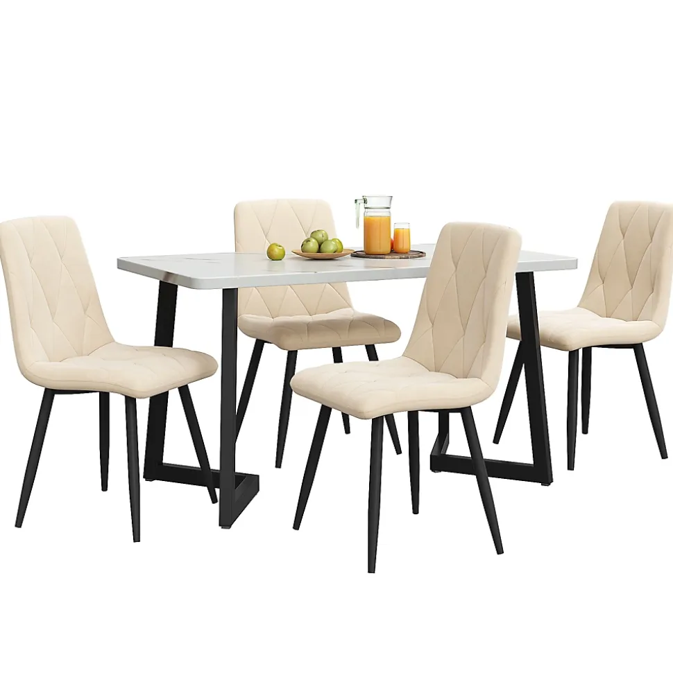 Ensemble Table et Chaises - Table Rectangulaire MDF avec 4 Chaises Velours à Motif Twill, Pieds Métal Noir, Blanc/Beige