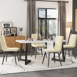 Ensemble Table et Chaises - Table Rectangulaire MDF avec 4 Chaises Velours à Motif Twill, Pieds Métal Noir, Blanc/Beige