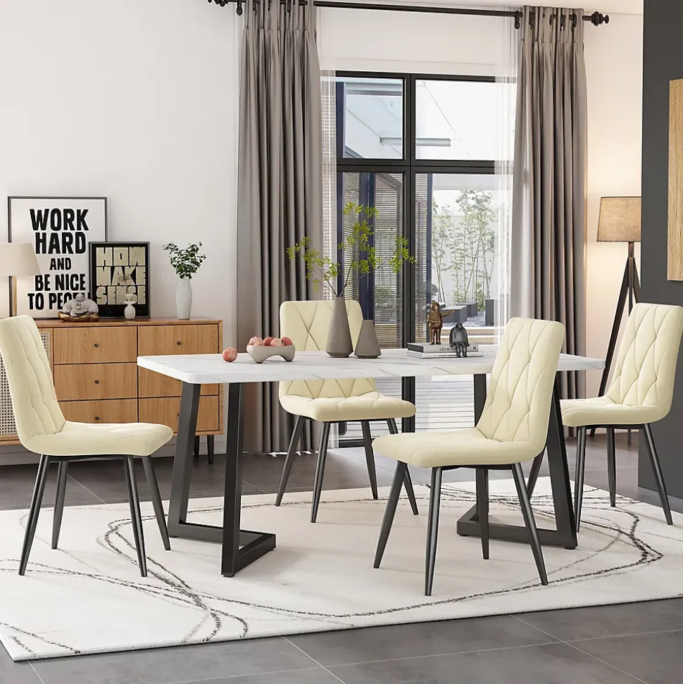 Ensemble Table et Chaises - Table Rectangulaire MDF avec 4 Chaises Velours à Motif Twill, Pieds Métal Noir, Blanc/Beige