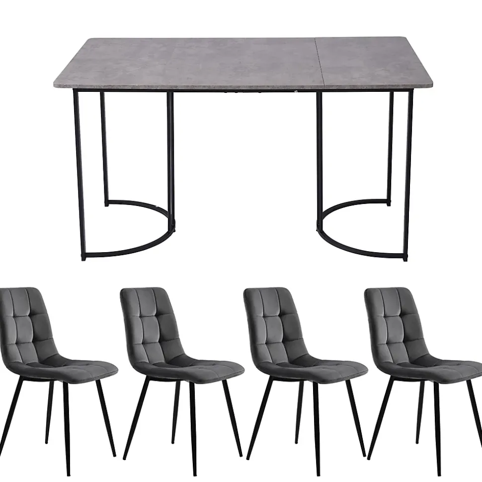 Ensemble table et chaises 140x80x75 cm avec 4 chaises assise rembourrée velours, table MDF effet marbre