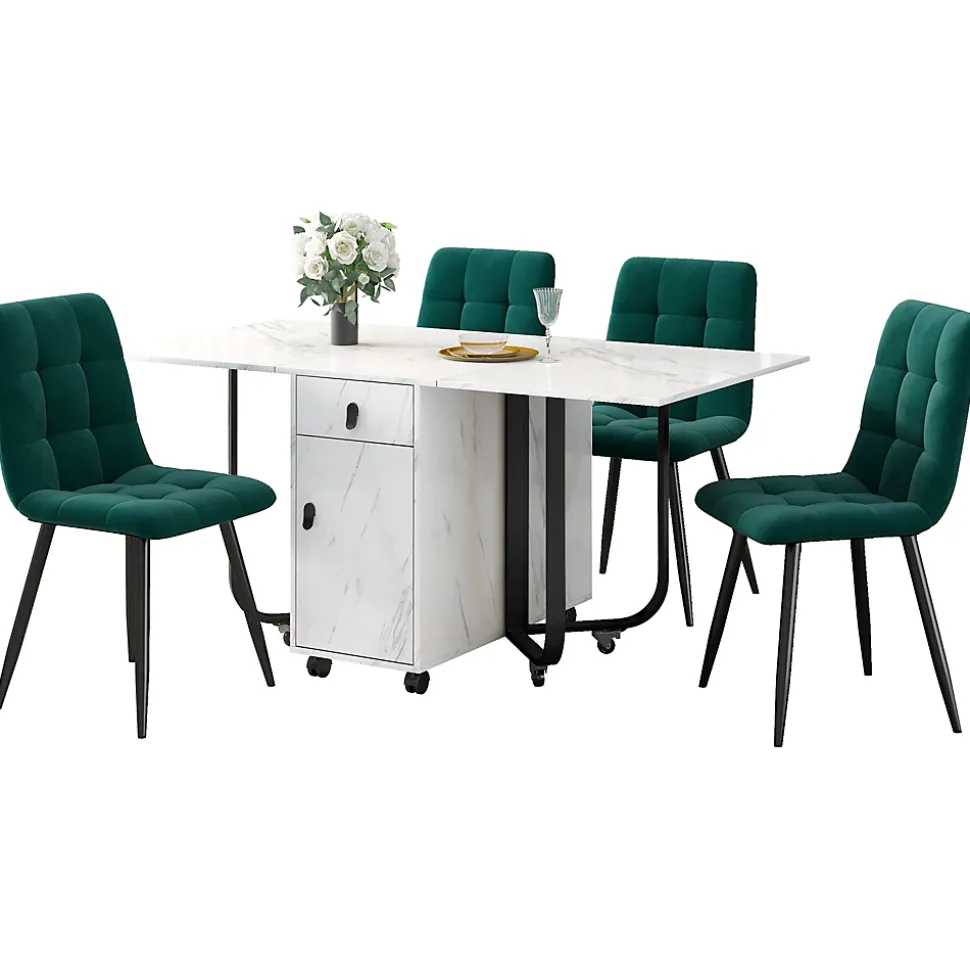 Ensemble Table et Chaises - Table Pliante Rectangulaire en MDF avec 4 Chaises en Velours, Pieds Métal Noir - Blanc/Vert Foncé