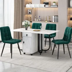 Ensemble Table et Chaises - Table Pliante Rectangulaire en MDF avec 4 Chaises en Velours, Pieds Métal Noir - Blanc/Vert Foncé