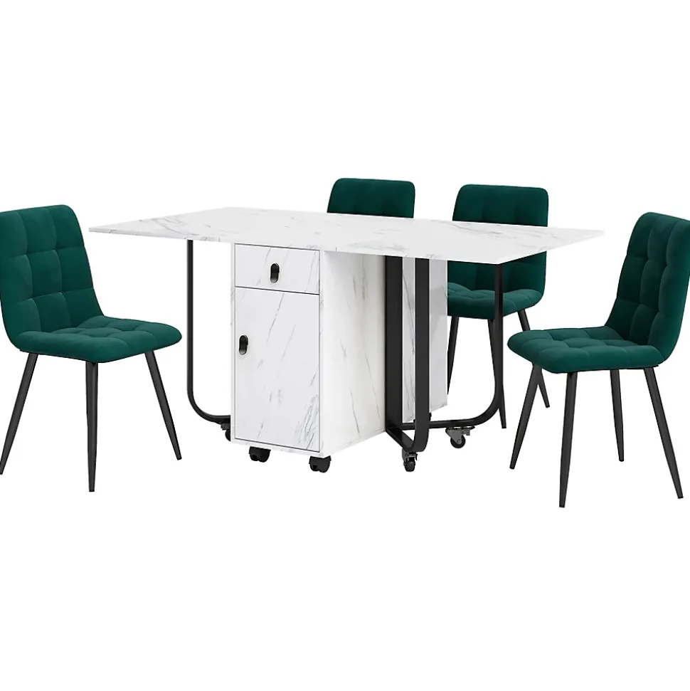 Ensemble Table et Chaises - Table Pliante Rectangulaire en MDF avec 4 Chaises en Velours, Pieds Métal Noir - Blanc/Vert Foncé