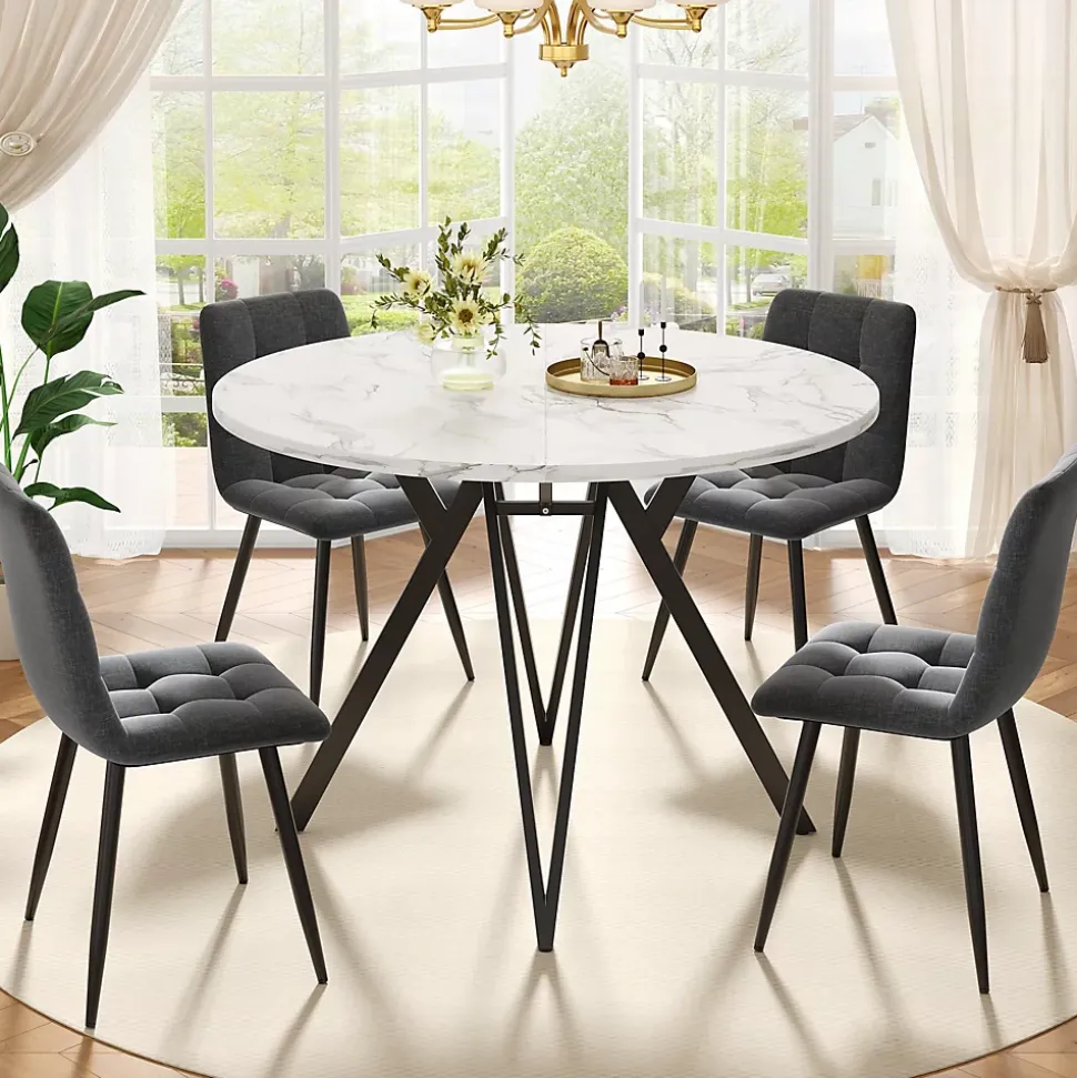 Ensemble table et chaises 100x76 cm table ronde avec 4 chaises en lin gris, piétement métal noir