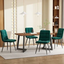 Ensemble Table et Chaises - Repas Rectangulaire avec Chaises Velours Confort et Table MDF, Pieds Métal Noir, Noyer/Vert Foncé