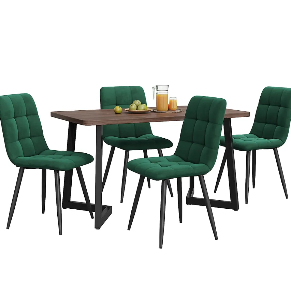 Ensemble Table et Chaises - Repas Rectangulaire avec Chaises Velours Confort et Table MDF, Pieds Métal Noir, Noyer/Vert Foncé
