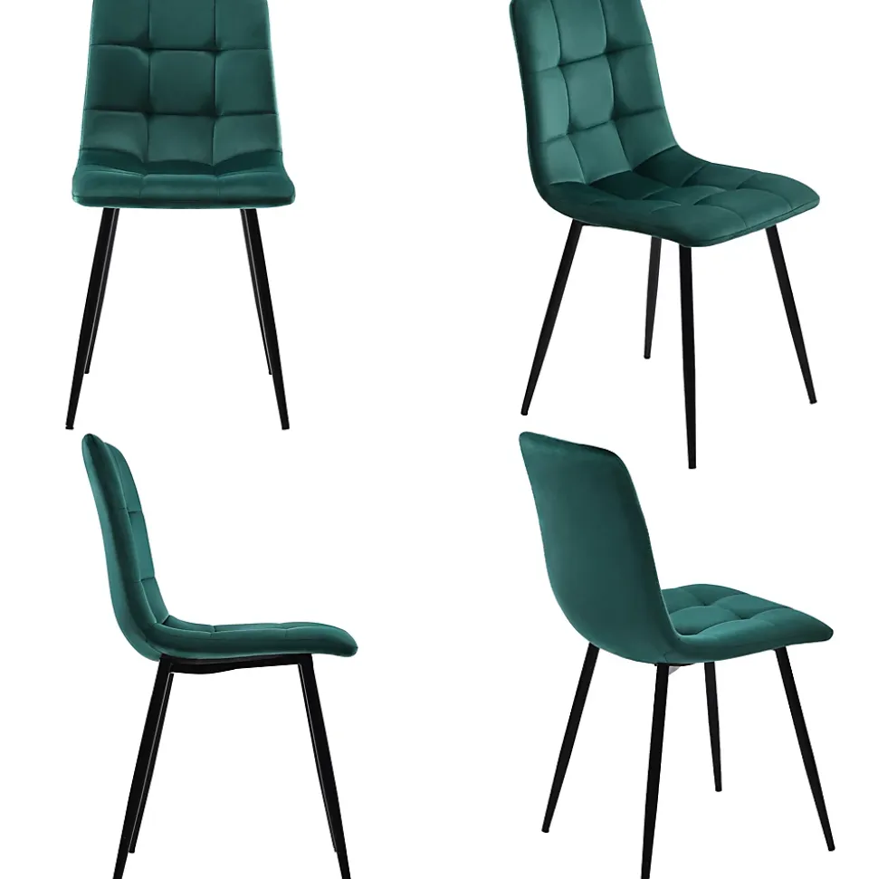 Ensemble Table et Chaises - Repas Rectangulaire avec Chaises Velours Confort et Table MDF, Pieds Métal Noir, Noyer/Vert Foncé