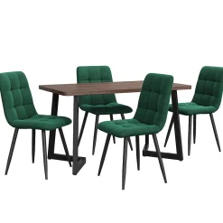 Ensemble Table et Chaises - Repas Rectangulaire avec Chaises Velours Confort et Table MDF, Pieds Métal Noir, Noyer/Vert Foncé
