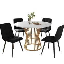 Ensemble table et chaises 100x75x75 cm rond MDF effet marbre avec 4 chaises velours et pieds métal réglables
