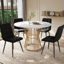 Ensemble table et chaises 100x75x75 cm rond MDF effet marbre avec 4 chaises velours et pieds métal réglables