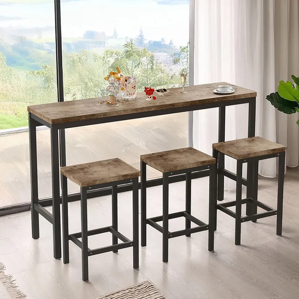 Ensemble Table et Chaises Salle à Manger - Table Rectangulaire avec 3 Tabourets Hauts, MDF+Métal, 148x40 cm, Bois Naturel