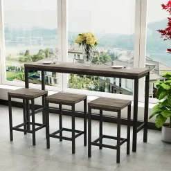 Ensemble table et chaises 148x40x90 cm avec 3 chaises, table rectangulaire métal plateau MDF brun-gris