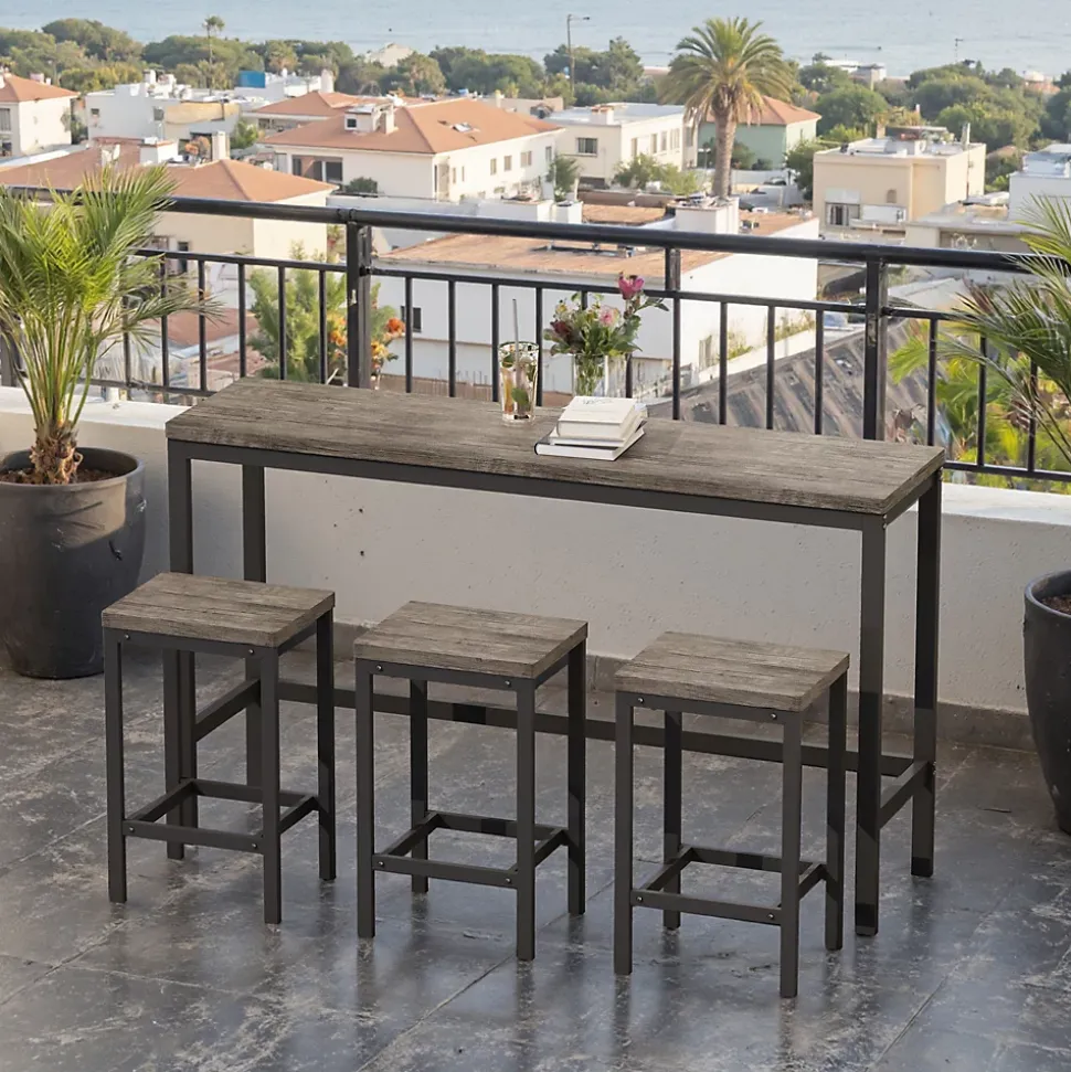 Ensemble table et chaises 148x40x90 cm avec 3 chaises, table rectangulaire métal plateau MDF brun-gris