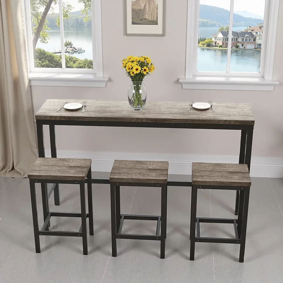 Ensemble table et chaises 148x40x90 cm avec 3 chaises, table rectangulaire métal plateau MDF brun-gris