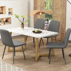 Ensemble Table et Chaises - Table Rectangulaire et 4 Chaises Lin, Salle à Manger Moderne, Gris et Blanc