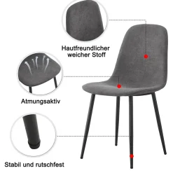 Ensemble Table et Chaises - Table Rectangulaire et 4 Chaises Lin, Salle à Manger Moderne, Gris et Blanc