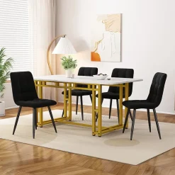 Ensemble table et chaises 120x70x75 cm avec 4 chaises assise rembourrée velours, table MDF pieds métal doré