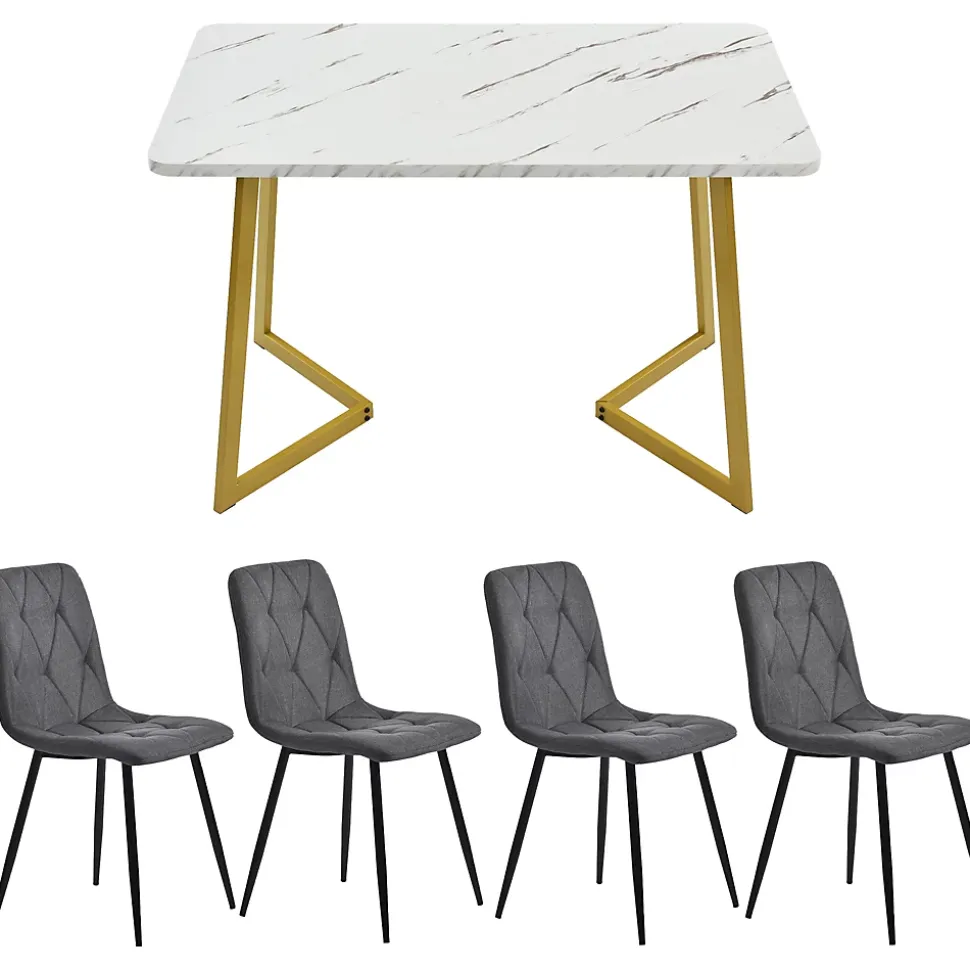 Ensemble table et chaises 117x68x75 cm avec 4 chaises, rectangulaire, assise rembourrée et piètement métal doré