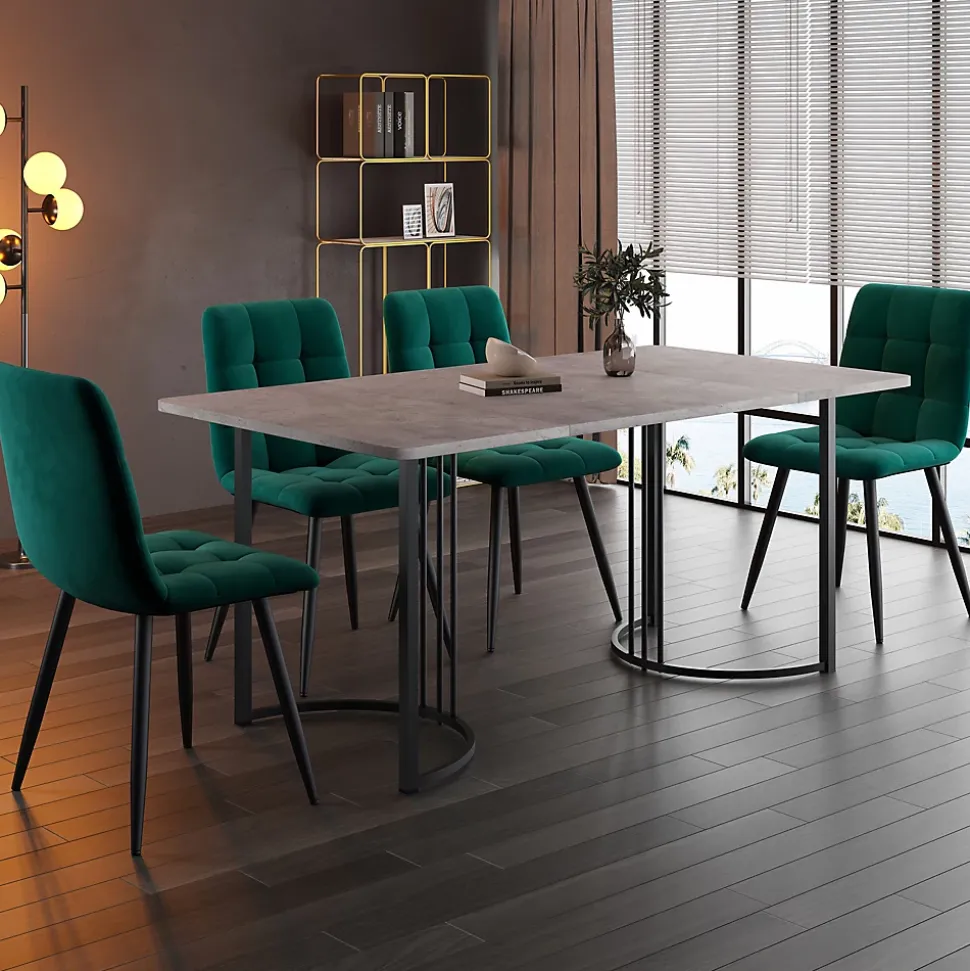 Ensemble Table et Chaises - Table Rectangulaire avec 4 Chaises Rembourrées en Velours, Pieds Métal, MDF, Gris/Vert - 140x80x75 cm