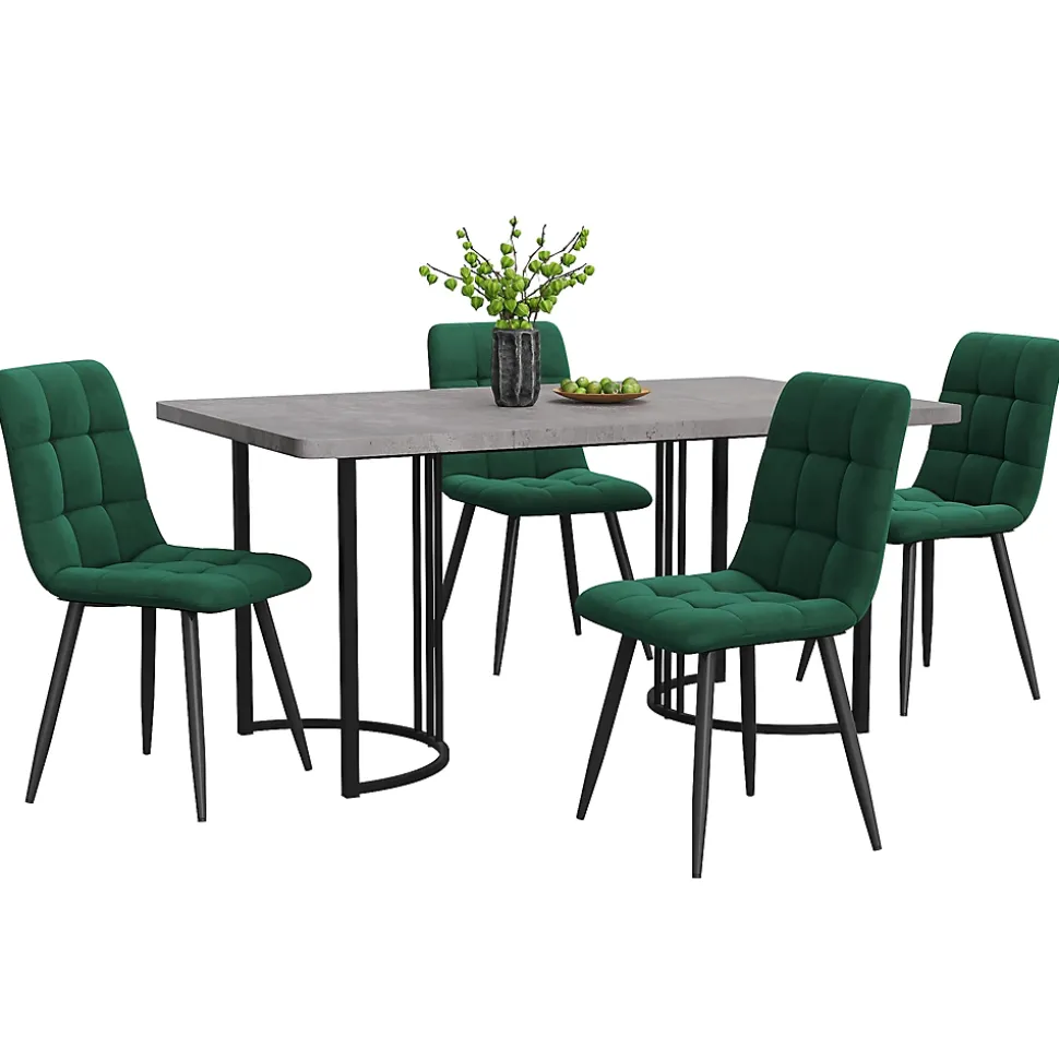 Ensemble Table et Chaises - Table Rectangulaire avec 4 Chaises Rembourrées en Velours, Pieds Métal, MDF, Gris/Vert - 140x80x75 cm