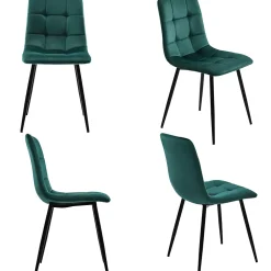 Ensemble Table et Chaises - Table Rectangulaire avec 4 Chaises Rembourrées en Velours, Pieds Métal, MDF, Gris/Vert - 140x80x75 cm
