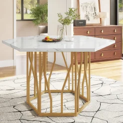Ensemble table et chaises 115,5x100x75 cm avec 4 chaises, table hexagonale piétement métal doré