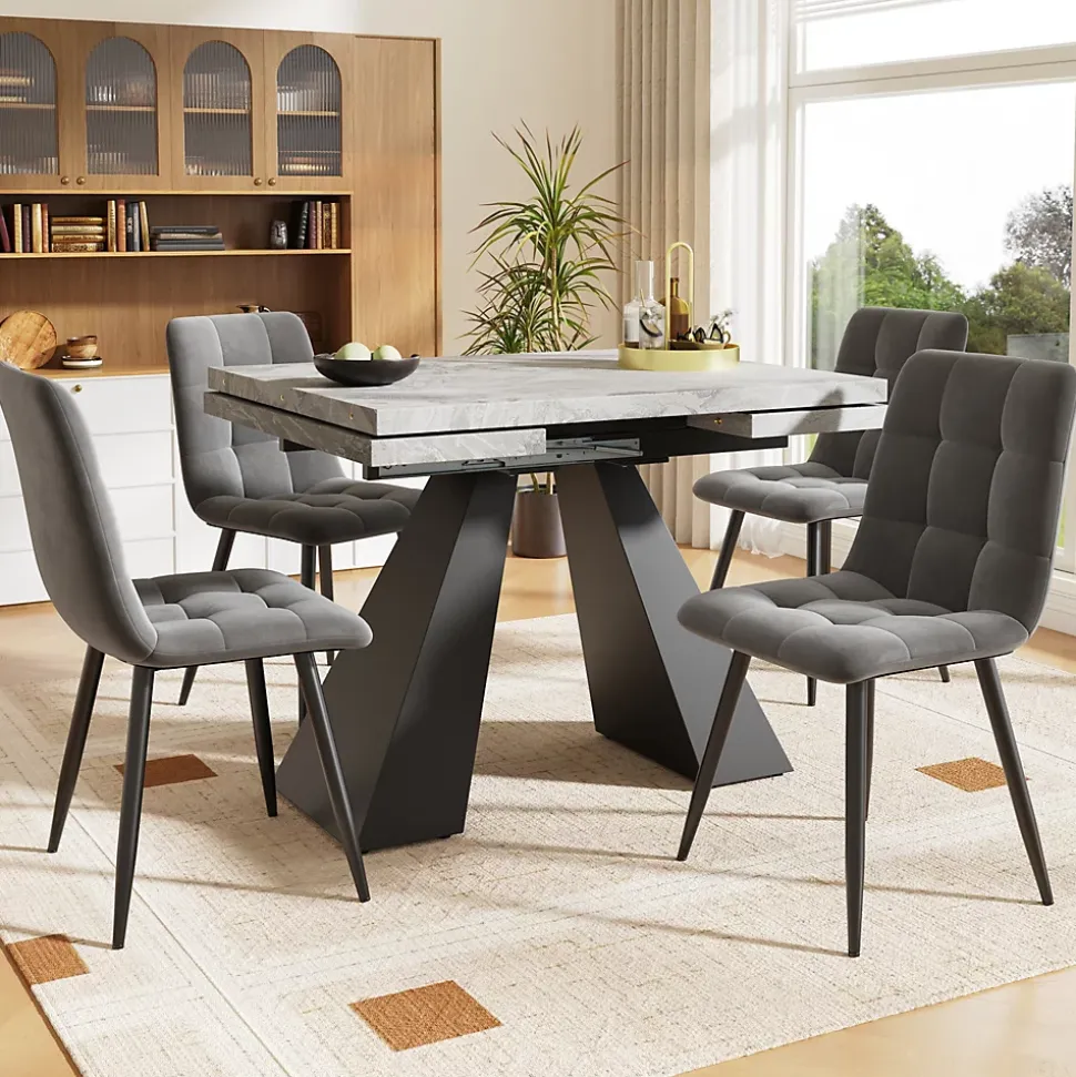Ensemble table et chaises 99x74x77 cm extensible 99-159 cm avec 4 chaises en velours, structure métal