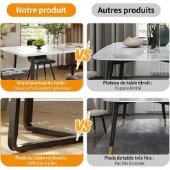 Ensemble Table et Chaises - Table Rectangulaire et 4 Chaises Velours, Salle à Manger Moderne, Plateau Effet Marbre, Gris et Blanc