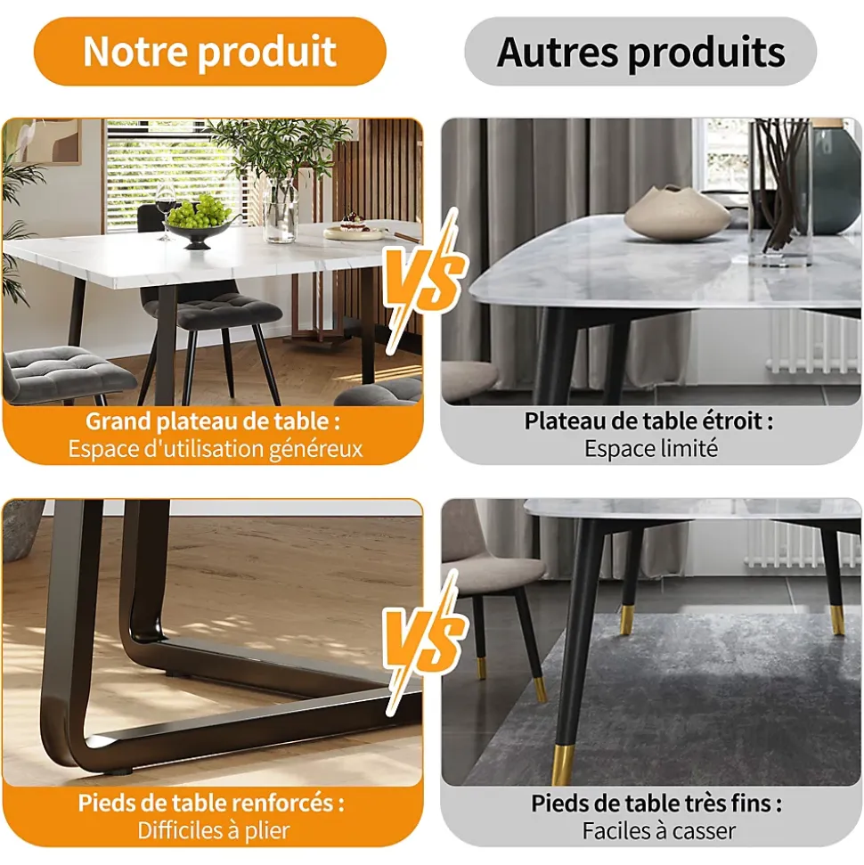 Ensemble Table et Chaises - Table Rectangulaire et 4 Chaises Velours, Salle à Manger Moderne, Plateau Effet Marbre, Gris et Blanc