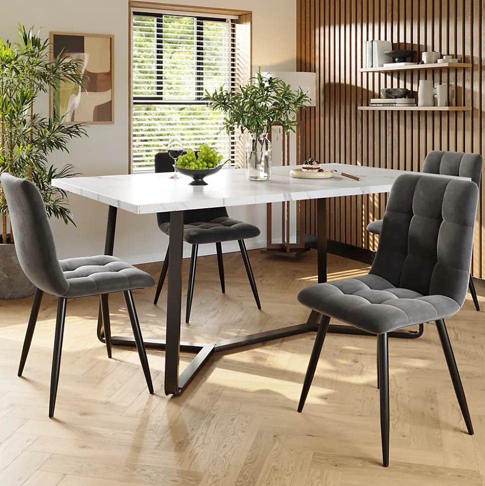 Ensemble Table et Chaises - Table Rectangulaire et 4 Chaises Velours, Salle à Manger Moderne, Plateau Effet Marbre, Gris et Blanc