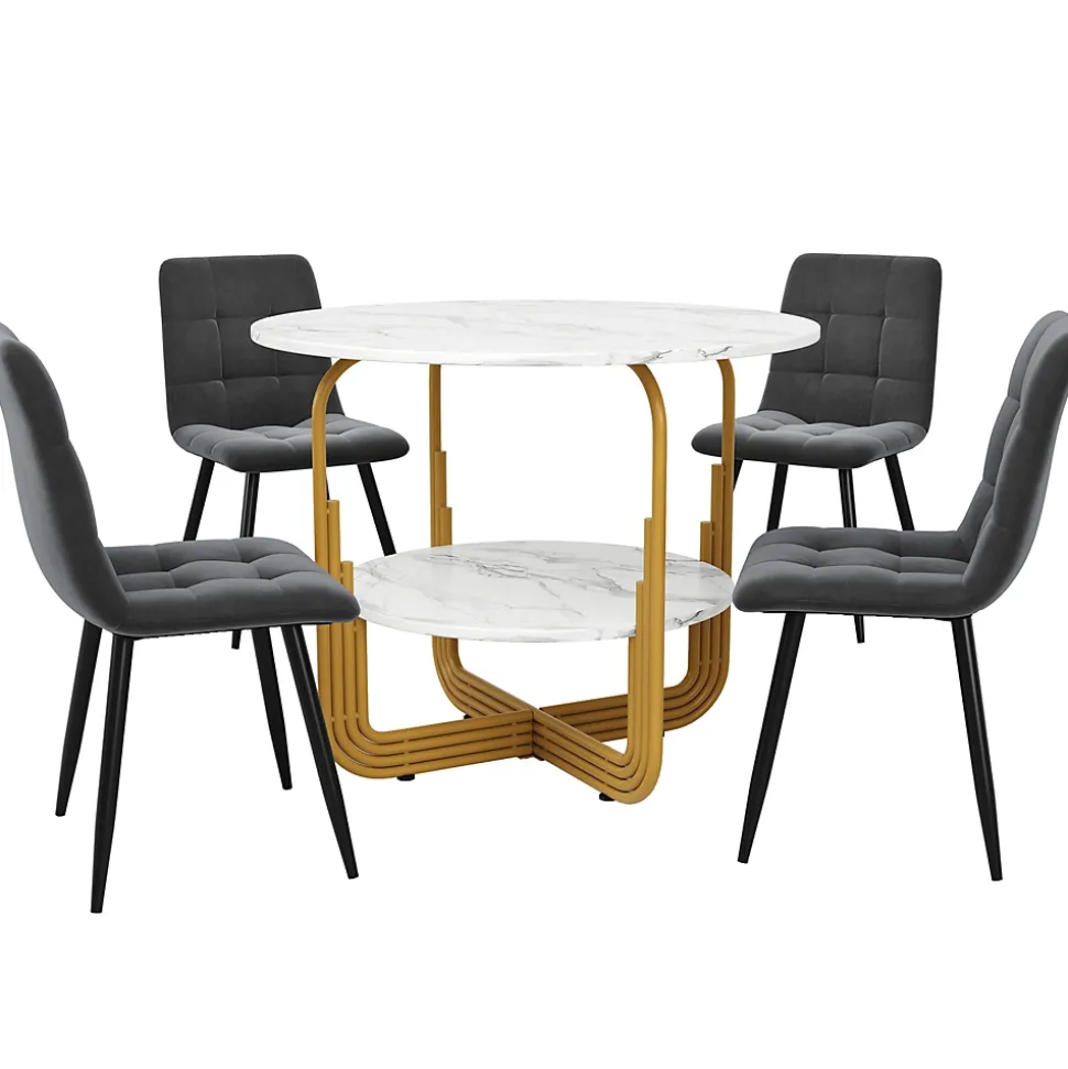 Ensemble table et chaises ronde 80x76 cm avec 4 chaises assise rembourrée velours structure métal doré