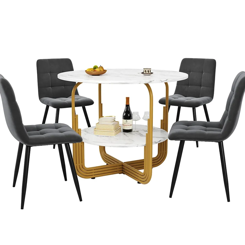 Ensemble table et chaises ronde 80x76 cm avec 4 chaises assise rembourrée velours structure métal doré