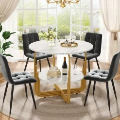 Ensemble table et chaises ronde 80x76 cm avec 4 chaises assise rembourrée velours structure métal doré