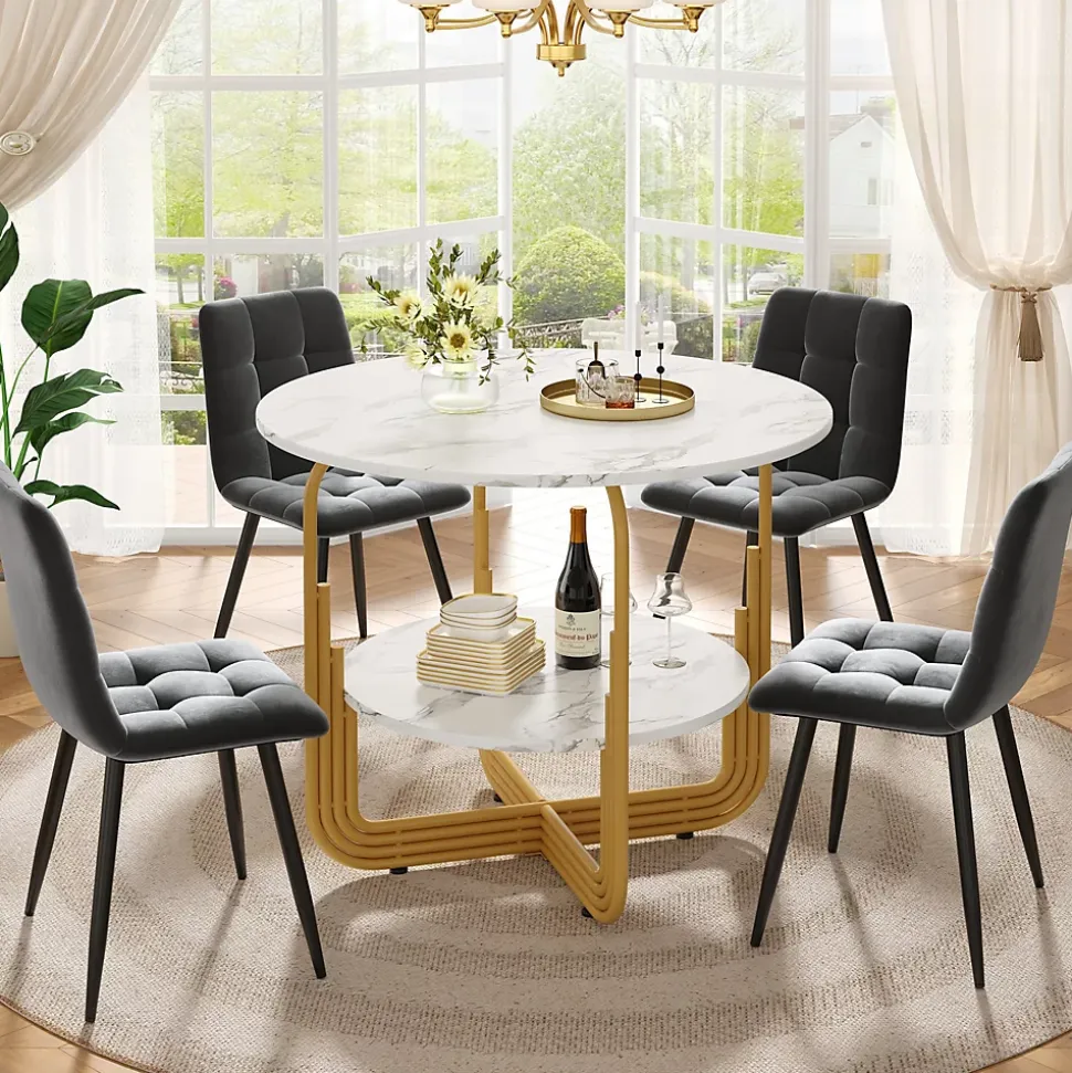 Ensemble table et chaises ronde 80x76 cm avec 4 chaises assise rembourrée velours structure métal doré