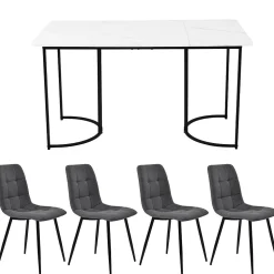 Ensemble table et chaises 140x80x75 cm avec 4 chaises, table rectangulaire MDF marbre, chaises en lin