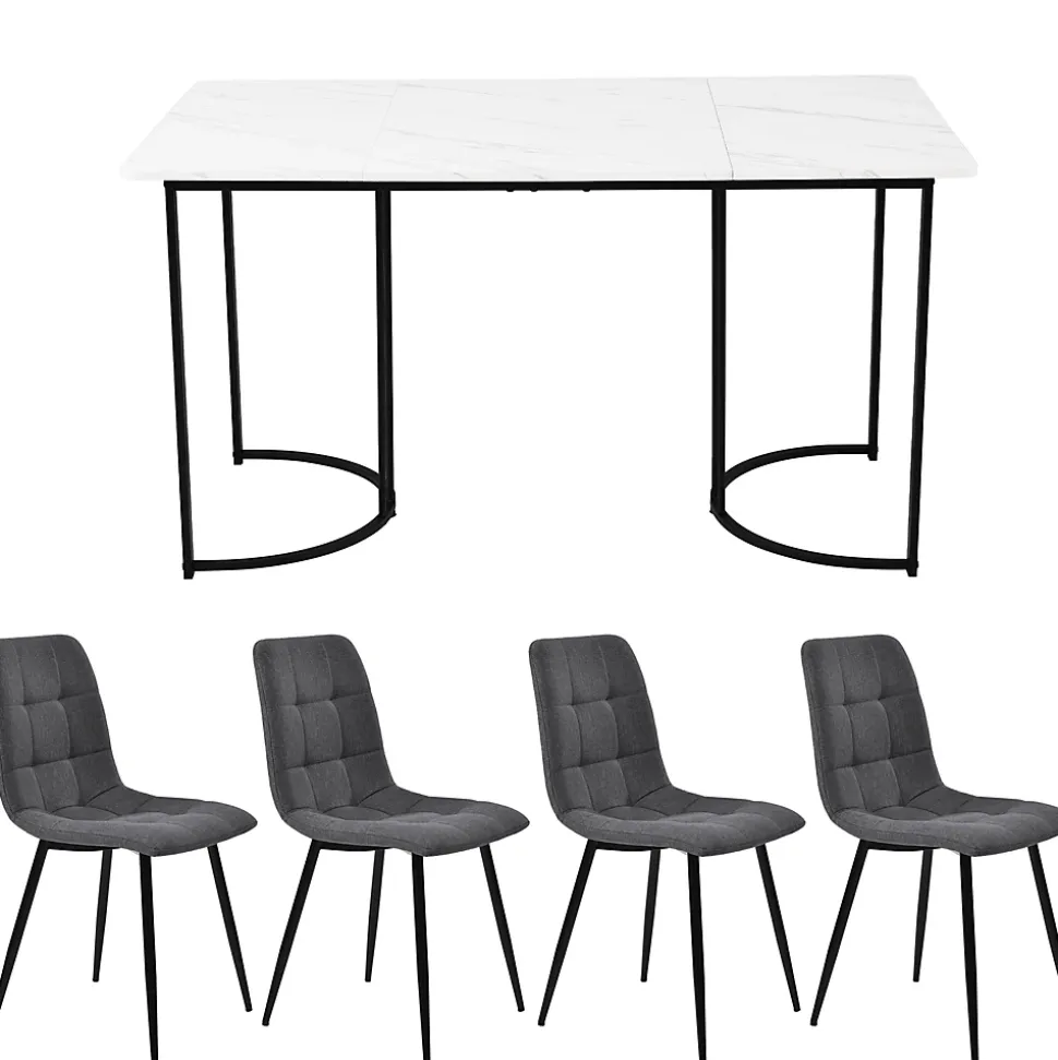 Ensemble table et chaises 140x80x75 cm avec 4 chaises, table rectangulaire MDF marbre, chaises en lin