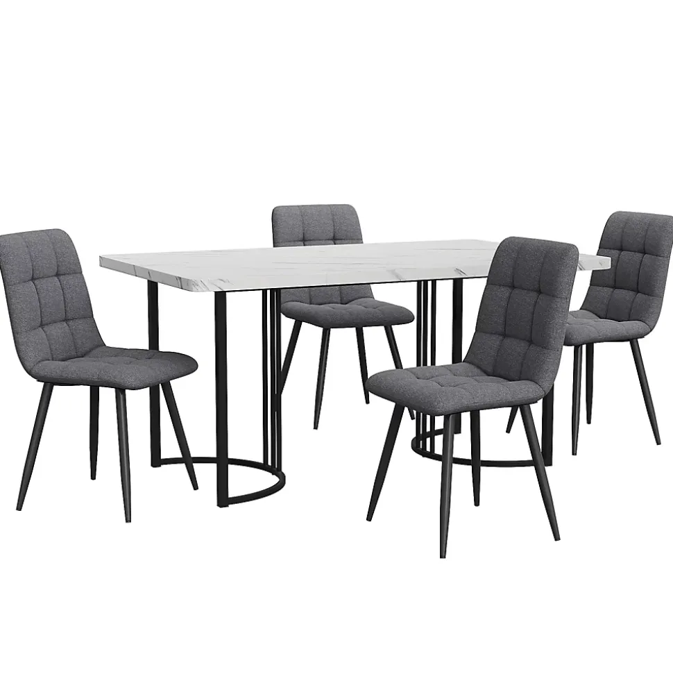 Ensemble table et chaises 140x80x75 cm avec 4 chaises, table rectangulaire MDF marbre, chaises en lin