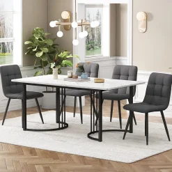 Ensemble table et chaises 140x80x75 cm avec 4 chaises, table rectangulaire MDF marbre, chaises en lin