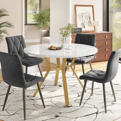 Ensemble Table et Chaises - Table Ronde et 4 Chaises Velours, Salle à Manger Moderne, Blanc et Gris