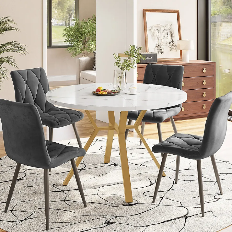 Ensemble Table et Chaises - Table Ronde et 4 Chaises Velours, Salle à Manger Moderne, Blanc et Gris
