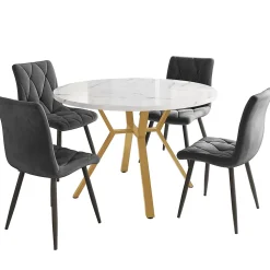 Ensemble Table et Chaises - Table Ronde et 4 Chaises Velours, Salle à Manger Moderne, Blanc et Gris