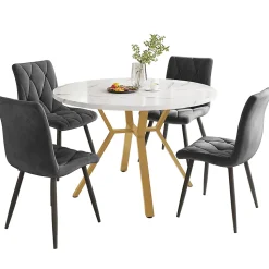 Ensemble Table et Chaises - Table Ronde et 4 Chaises Velours, Salle à Manger Moderne, Blanc et Gris