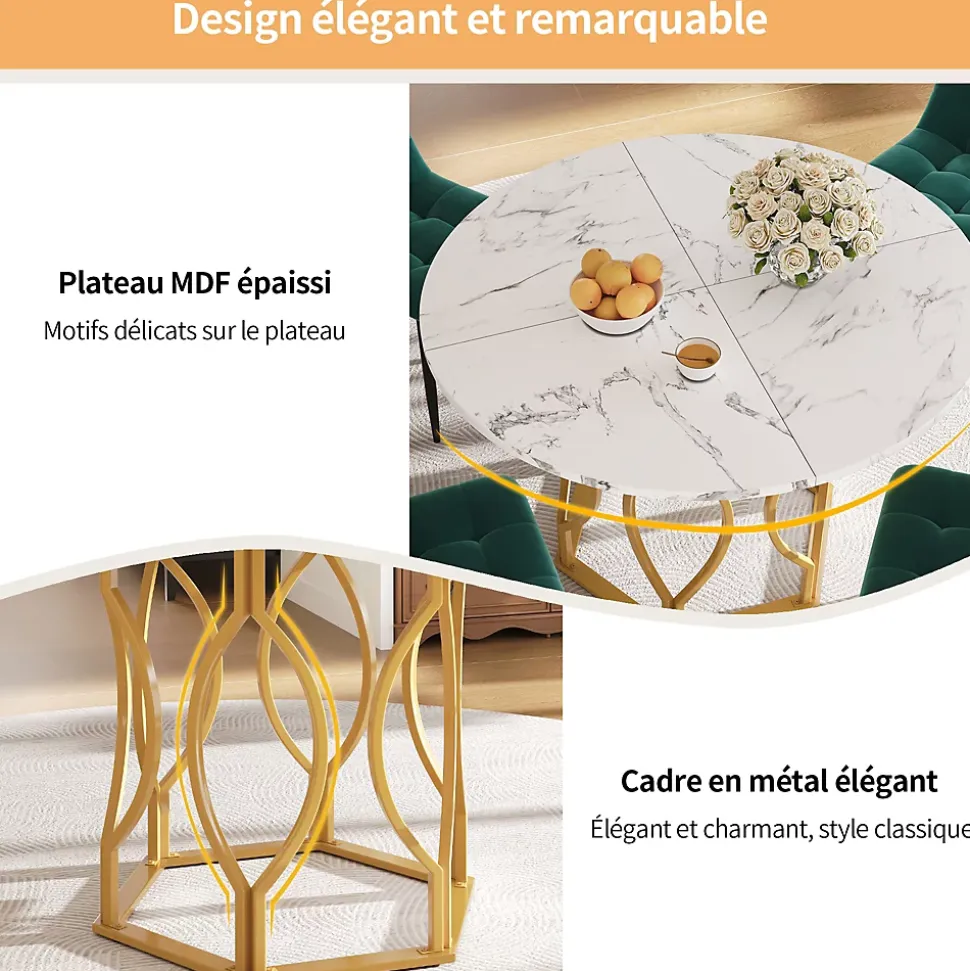 Ensemble Table et Chaises - Table Ronde et 4 Chaises Velours, Salle à Manger Moderne avec Pieds Métal Doré, Vert et Blanc