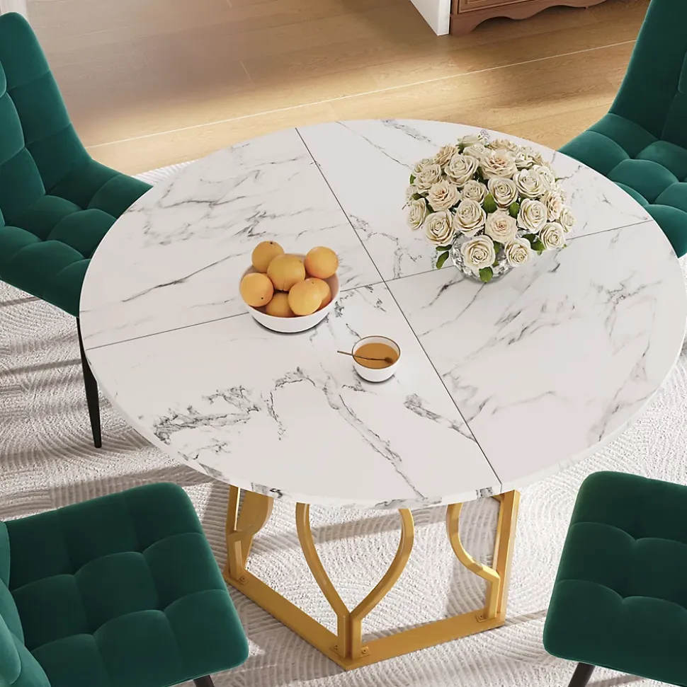 Ensemble Table et Chaises - Table Ronde et 4 Chaises Velours, Salle à Manger Moderne avec Pieds Métal Doré, Vert et Blanc