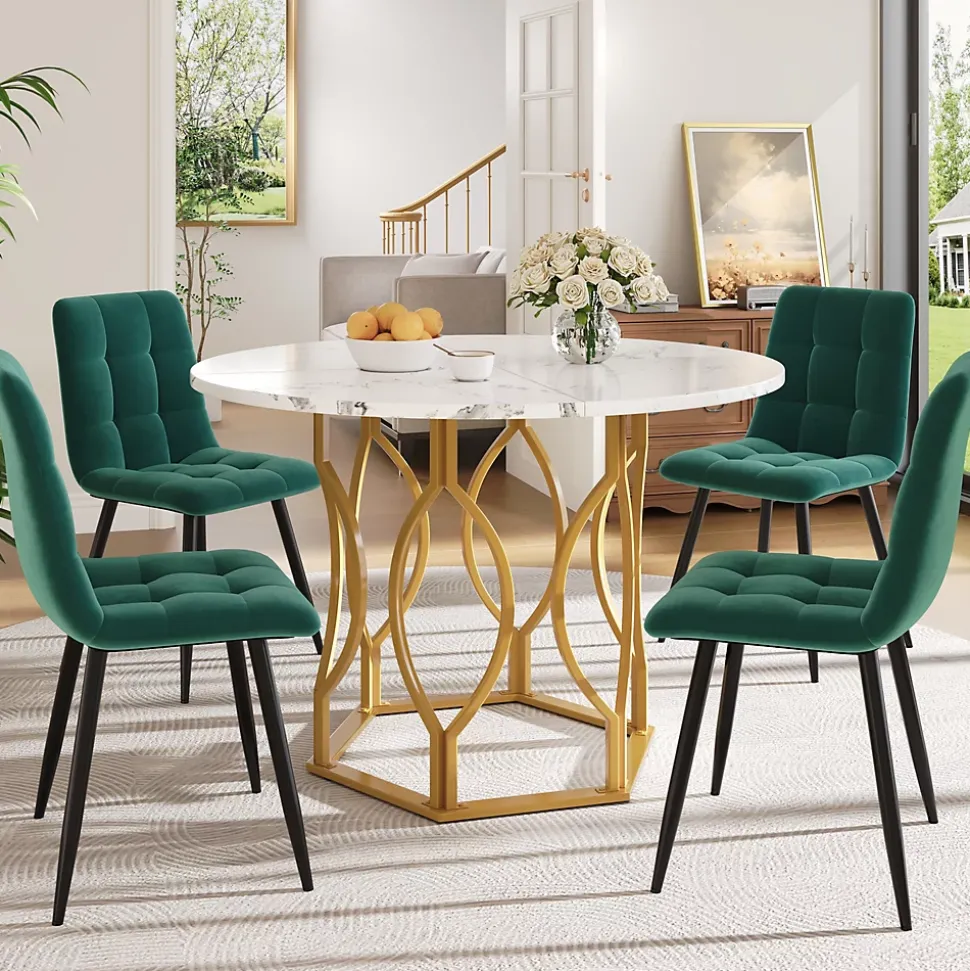 Ensemble Table et Chaises - Table Ronde et 4 Chaises Velours, Salle à Manger Moderne avec Pieds Métal Doré, Vert et Blanc