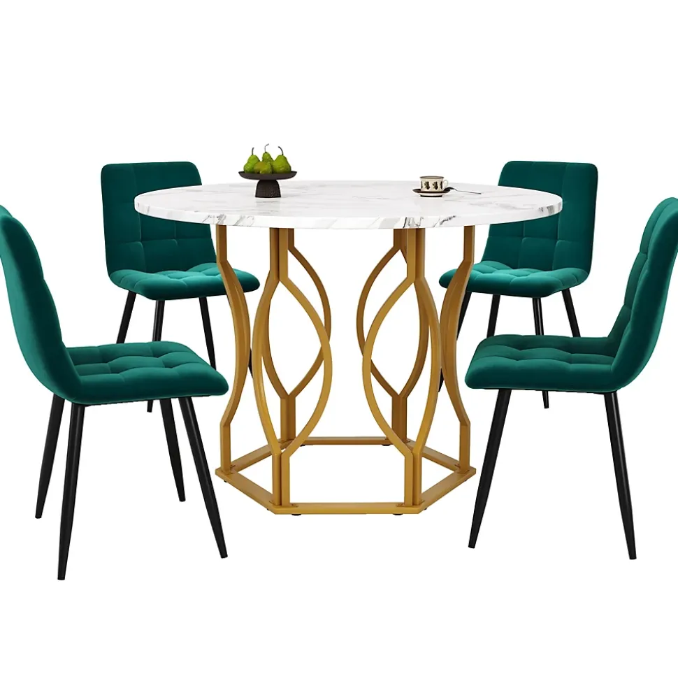 Ensemble Table et Chaises - Table Ronde et 4 Chaises Velours, Salle à Manger Moderne avec Pieds Métal Doré, Vert et Blanc